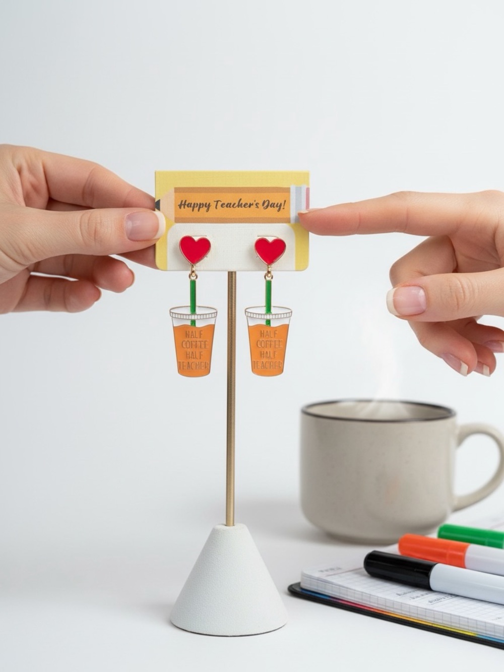 Heart & Coffee Teacher Appreciation Drop Earrings - Red and Orange